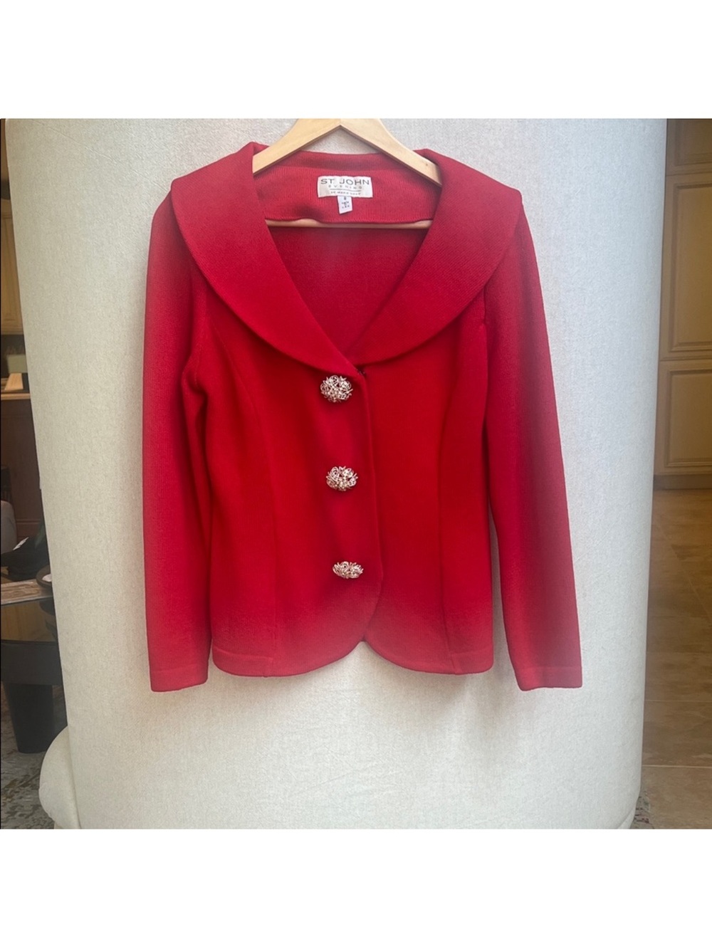 St. John Red Knit Blazer with Statement Crystal Buttons